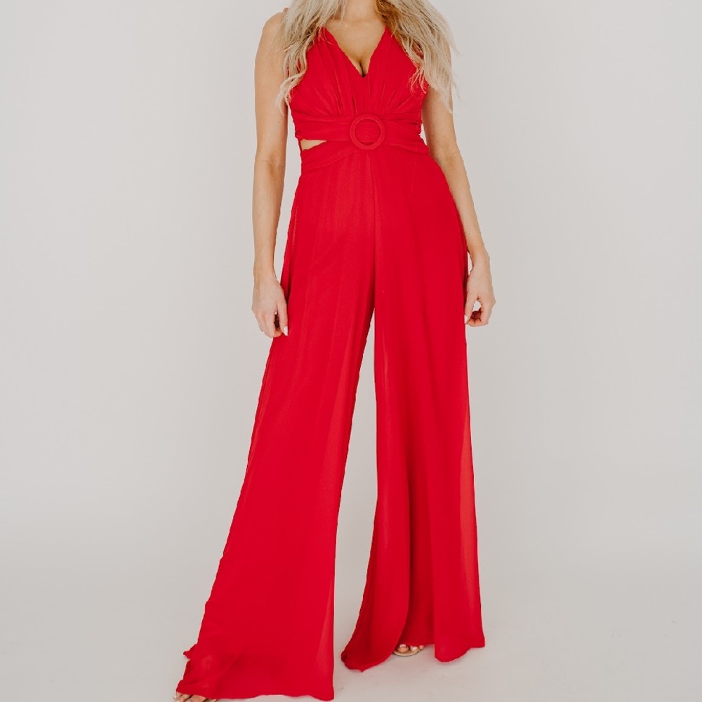 Elegant Side Cut-Out Red Jumpsuit